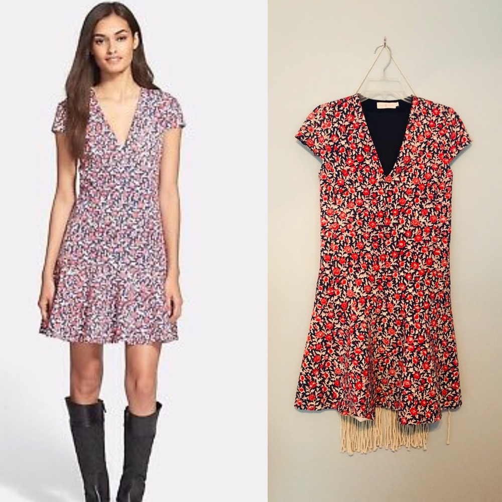 Tory Burch Cap Sleeve Floral V Neck Dress
